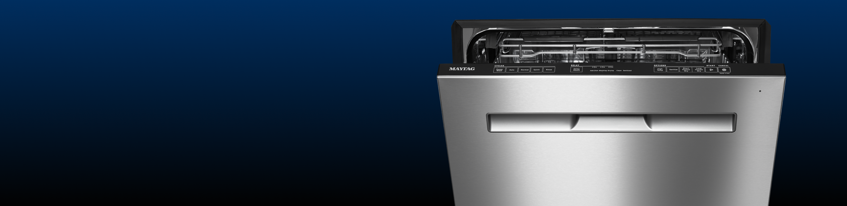 A Maytag stainless dishwasher with its door ajar.
