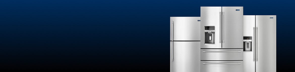 Three Maytag stainless steel refrigerator models