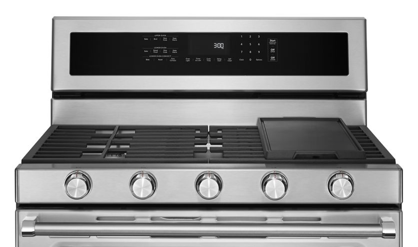 The top portion of a dual fuel range featuring a gas cooktop.