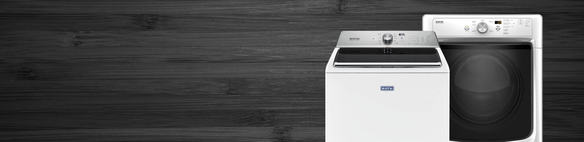 A white Maytag® washer and dryer pair.