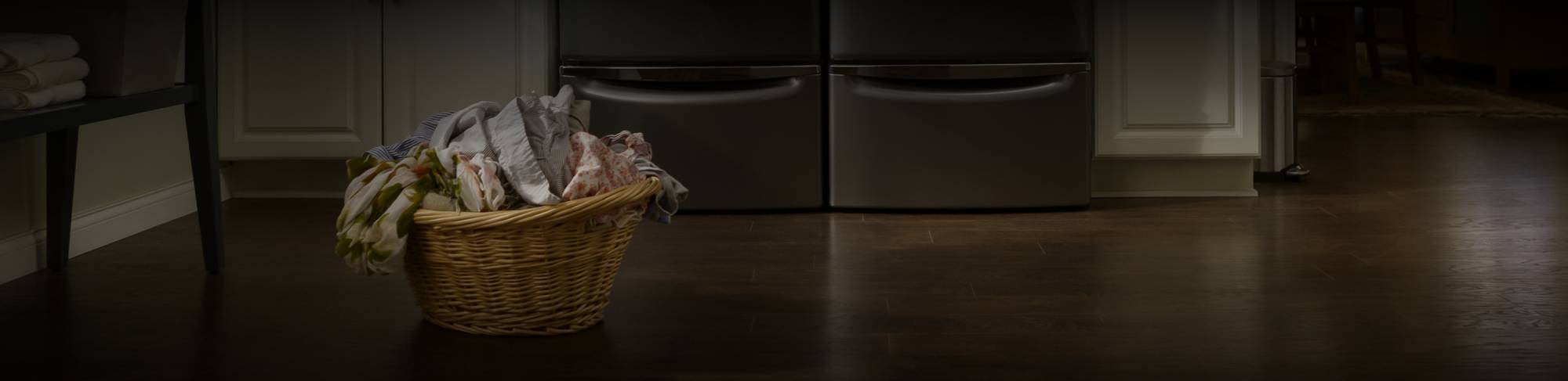 A laundry basket full of clothes.