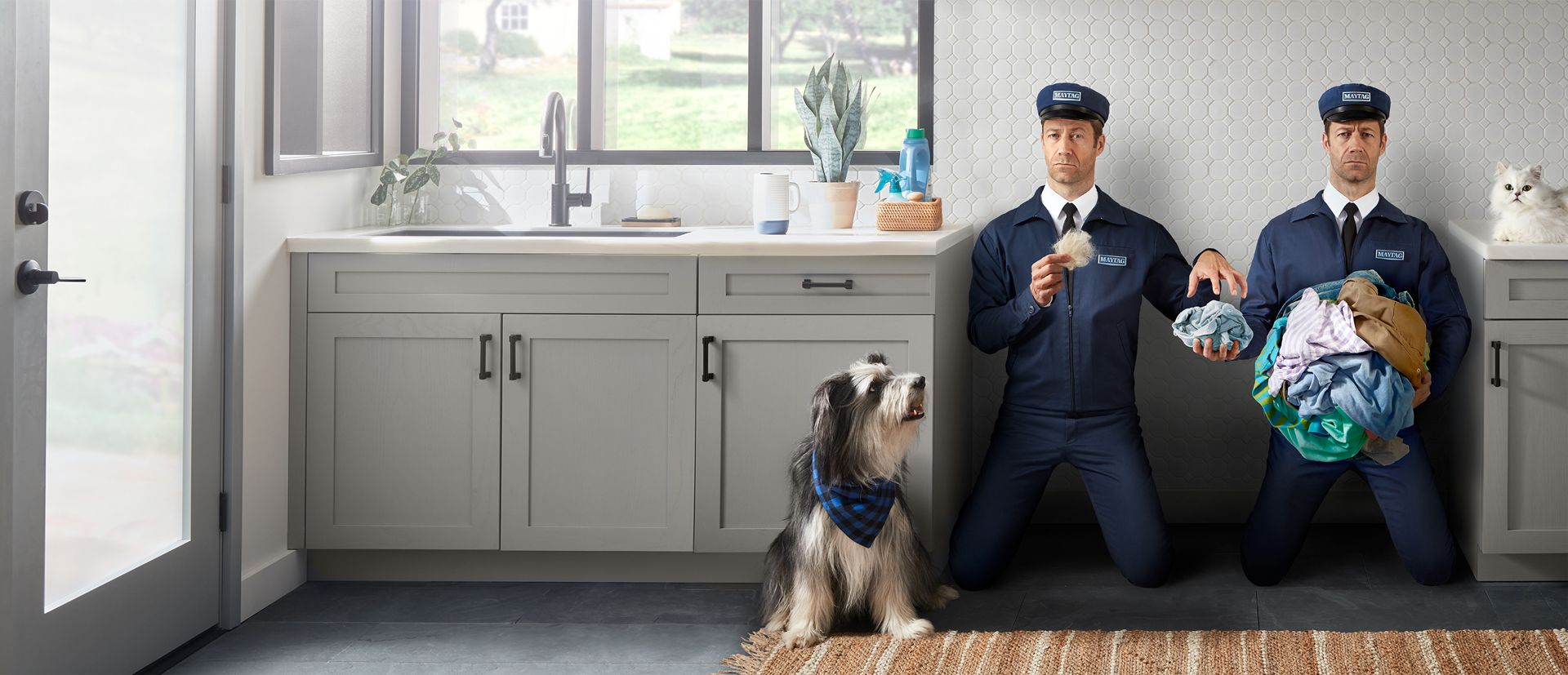 The Maytag® man holding a furball and tumbling clothes in a laundry room.