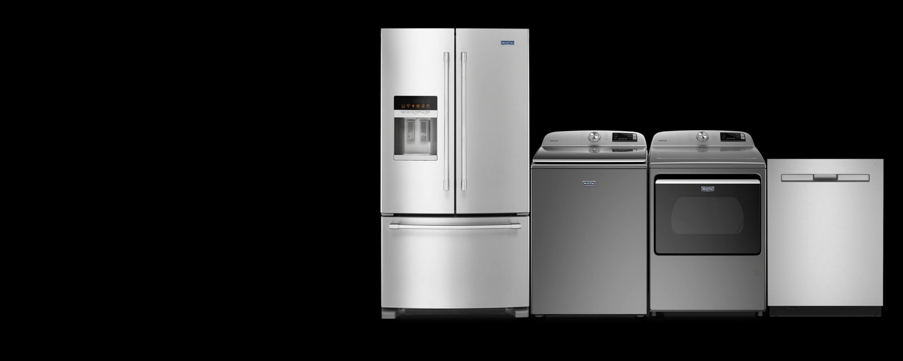 A Maytag® refrigerator, washer and dryer laundry pair and dishwasher.