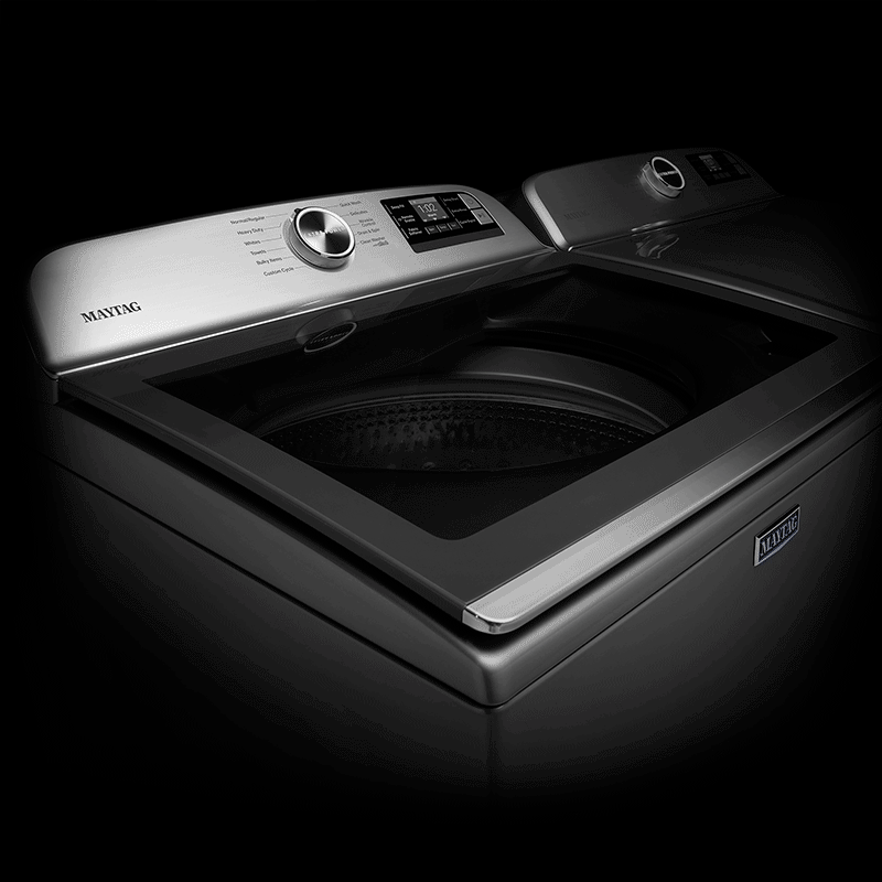 A GIF of a closeup of the Extra Power button on a Maytag® washer and a Maytag® washer with a Reviewed.com's Editors’ Choice badge in front of it.