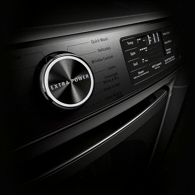 A GIF of a closeup of the Extra Power button on a Maytag® washer and a Maytag® washer with a Reviewed.com's Editors’ Choice badge in front of it.