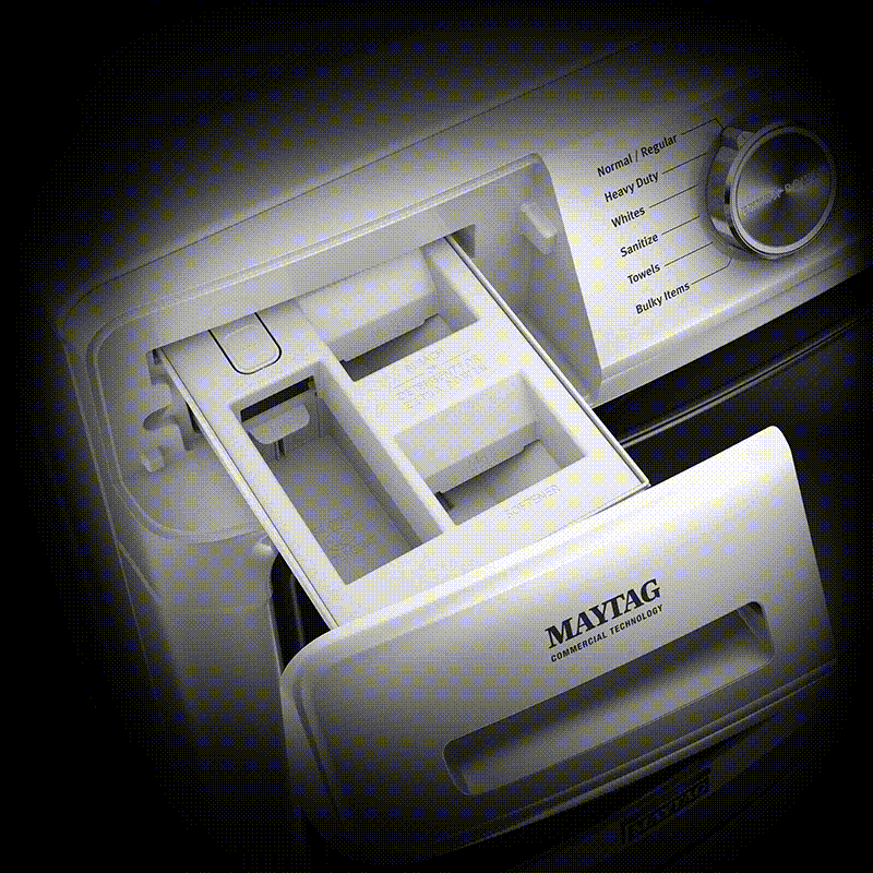 A GIF of a Maytag® washer and a closeup of the detergent slot with a Consumer Report's reccomended badge in front of it.