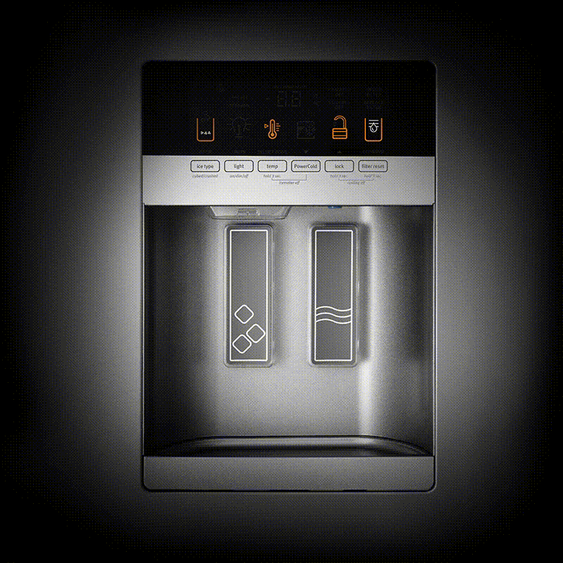 A gif of a closed Maytag® refrigerator and a closeup of the water and ice dispensor on a Maytag® refrigerator in a kitchen with a Forbes badge in front of it.