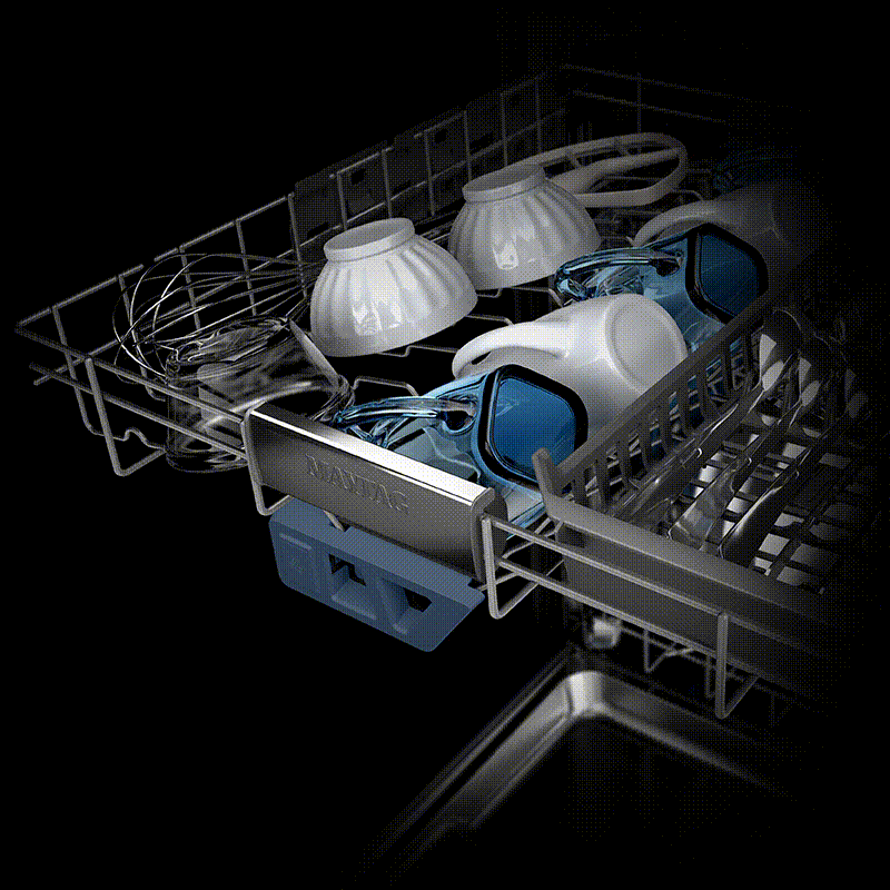 A GIF of a closed Maytag® dishwasher and a closeup of the inside of a loaded Maytag® dishwasher with a TWICEVIP badge in front of it.