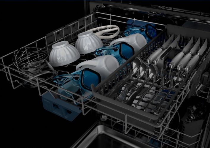 The 3rd Level Rack of a Maytag® dishwasher filled with mugs and bowls