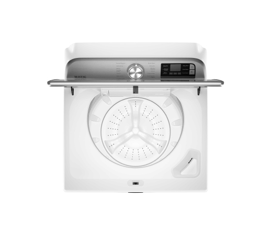 Overhead view of an open Maytag® washing machine with impeller