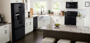 colored kitchen cabinets with black appliances