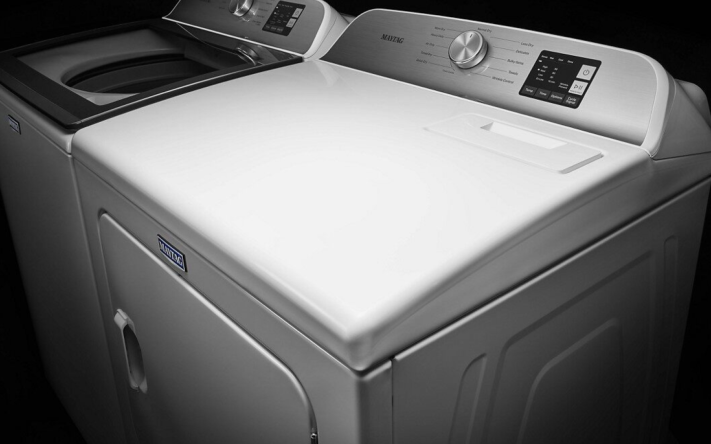 White, top-load washer and dryer pair from Maytag