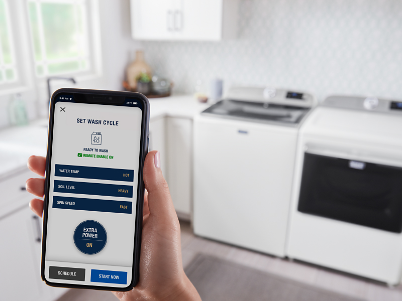 Smart phone displaying the Maytag® smart appliance app