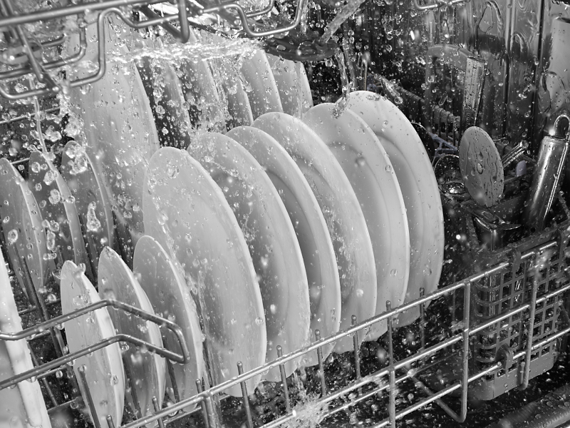 Wet dishes on dishwasher rack