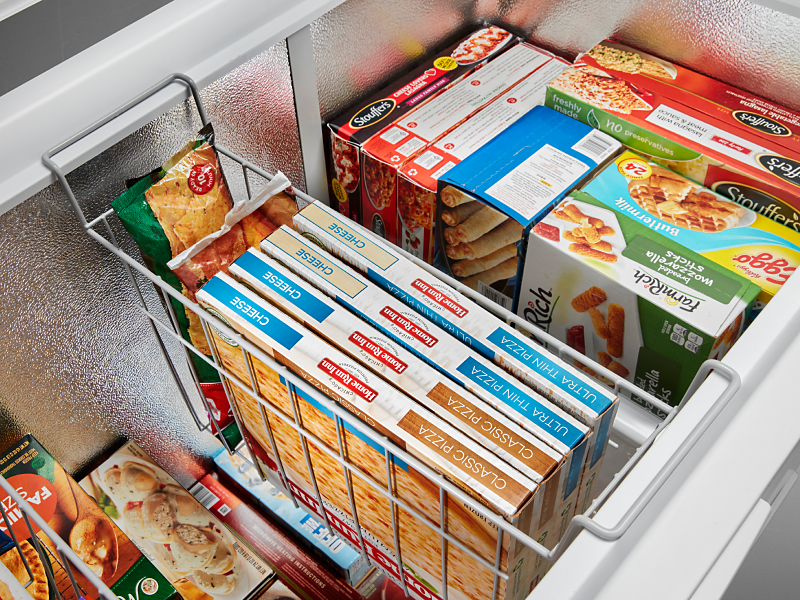 Frozen meals and appetizers in a Maytag® freezer. Frozen meals and appetizers in a Maytag® freezer.