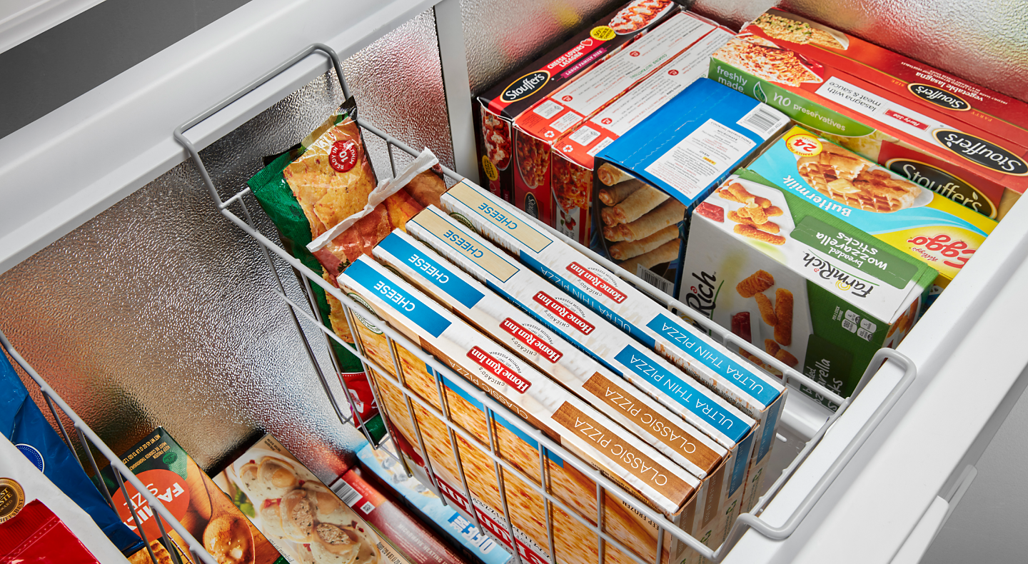 Frozen meals and appetizers in a Maytag® freezer. Frozen meals and appetizers in a Maytag® freezer.