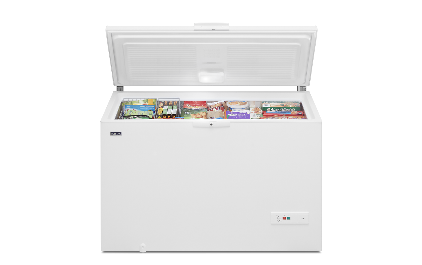 An opened white Maytag® chest freezer.
