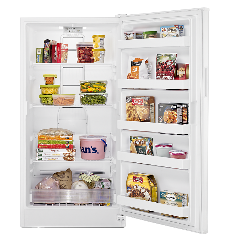 A stocked Maytag® upright freezer.