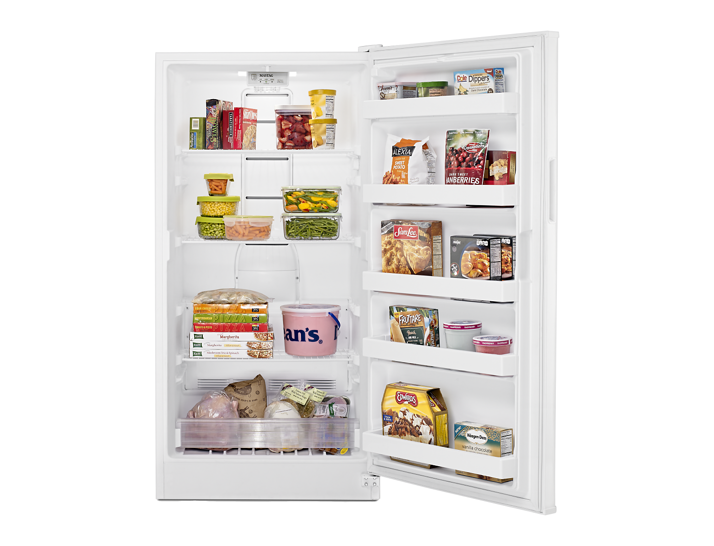 A stocked Maytag® upright freezer.