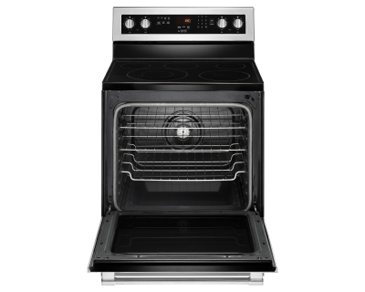 A black convection oven with an open door