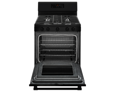 A black conventional oven with an open door