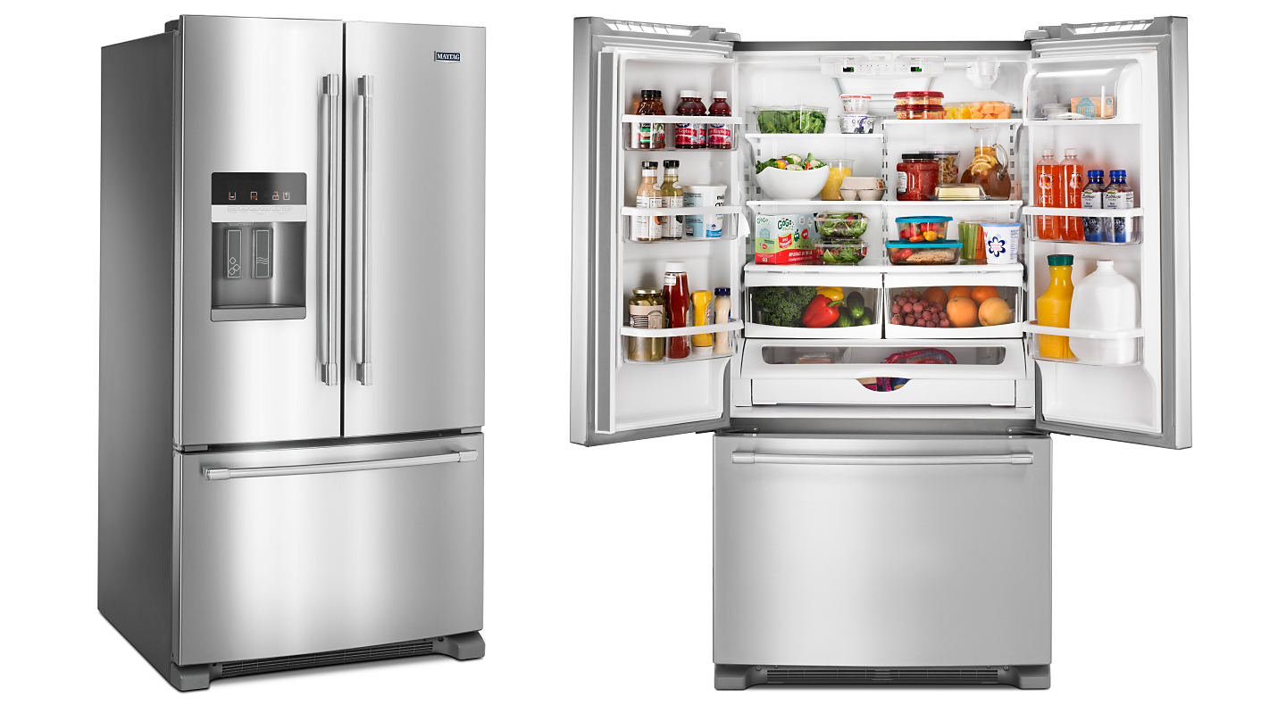 Maytag brand French door refrigerators next to each other with one opened