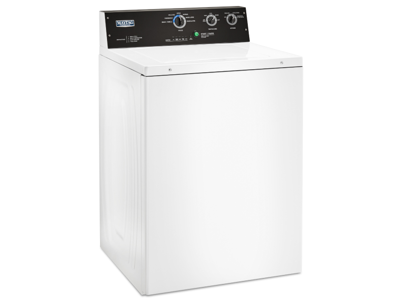 An angled view of a white Maytag® Top Load Washer