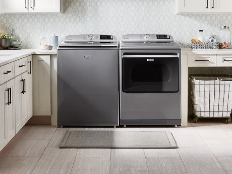 A Maytag® washer and dryer in an updated laundry room