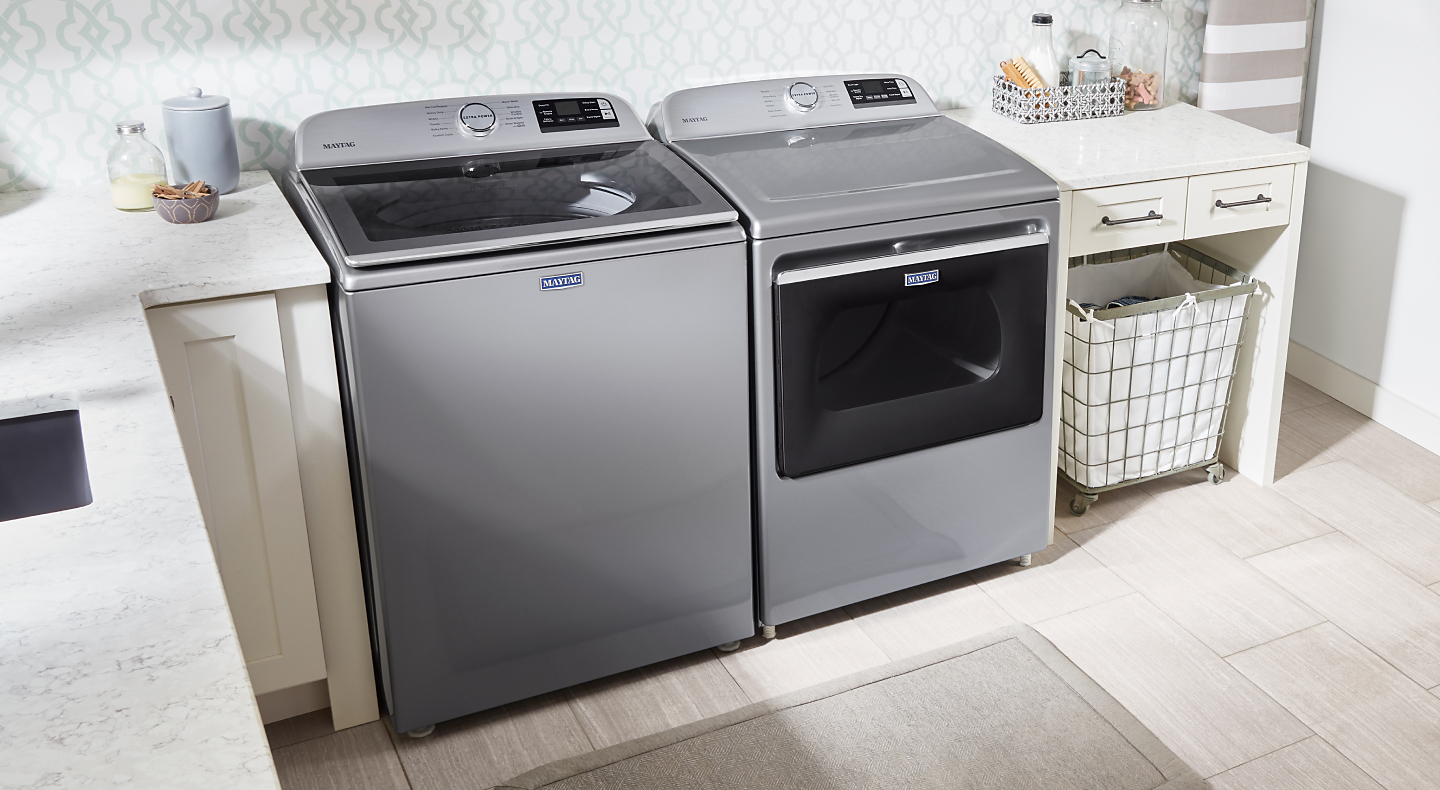 Overhead view of Maytag® Washer and Dryer set