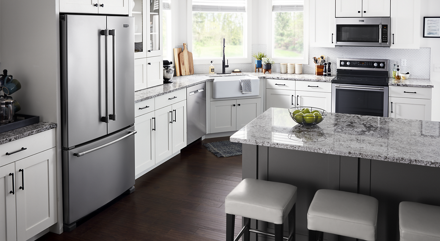 A kitchen outfitted with Maytag brand appliances