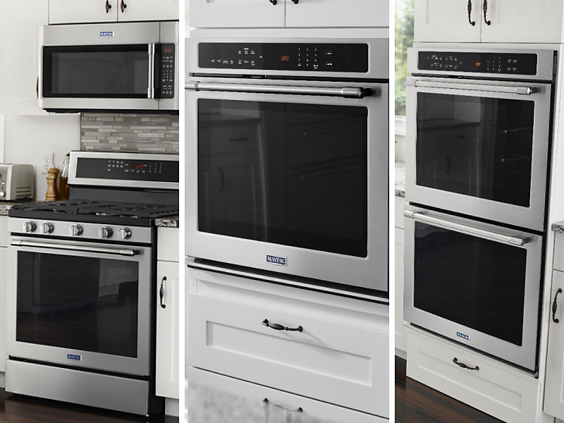 Side-by-side images of a Maytag® range, wall oven and double oven