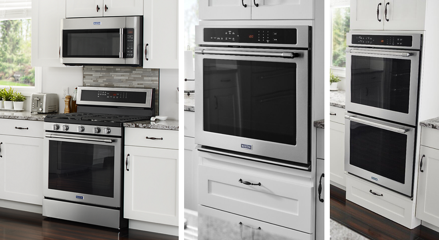 Side-by-side images of a Maytag® range, wall oven and double oven