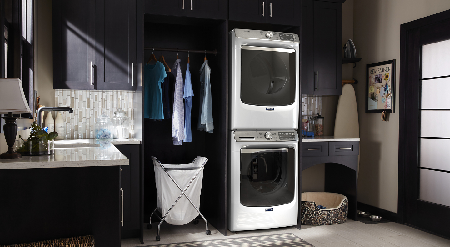 White stacked Maytag® washer and dryer 