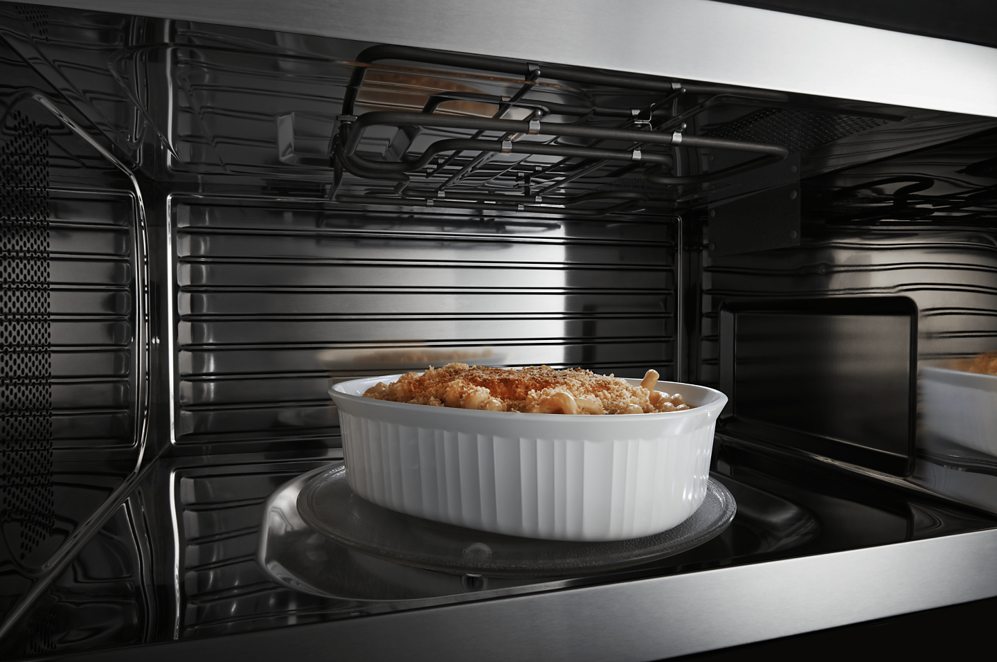 A perfectly cooked pasta dish in a microwave
