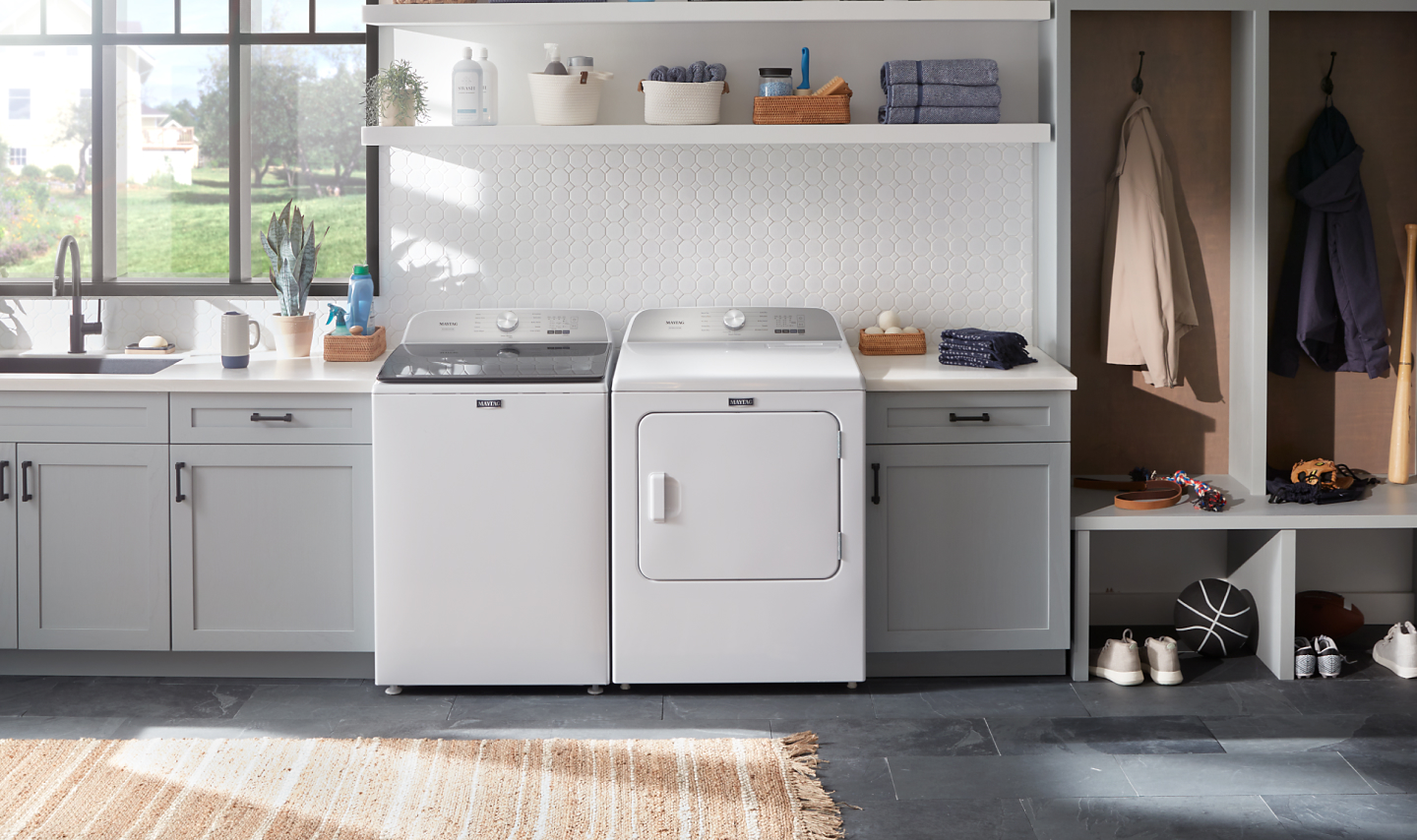 A washer and dryer pair in a modern laundry room