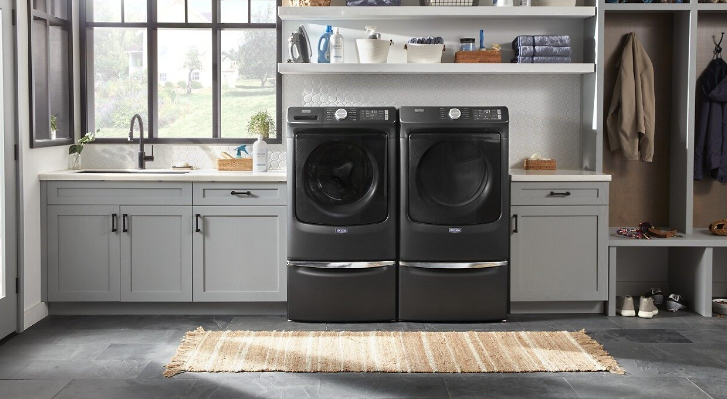 Washer and dryer set in a modern laundry room