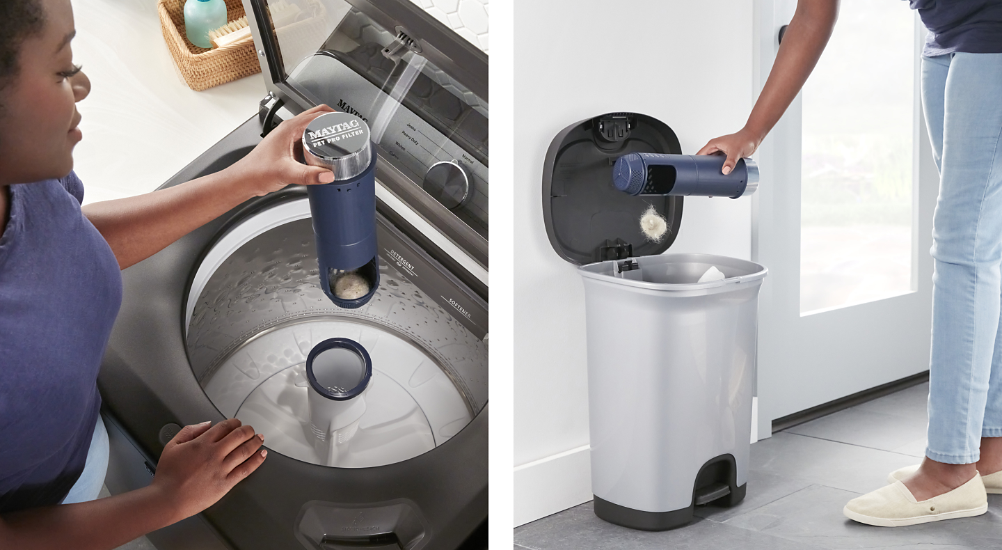 A person removing and emptying the Maytag® Pet Pro filter on a washer.