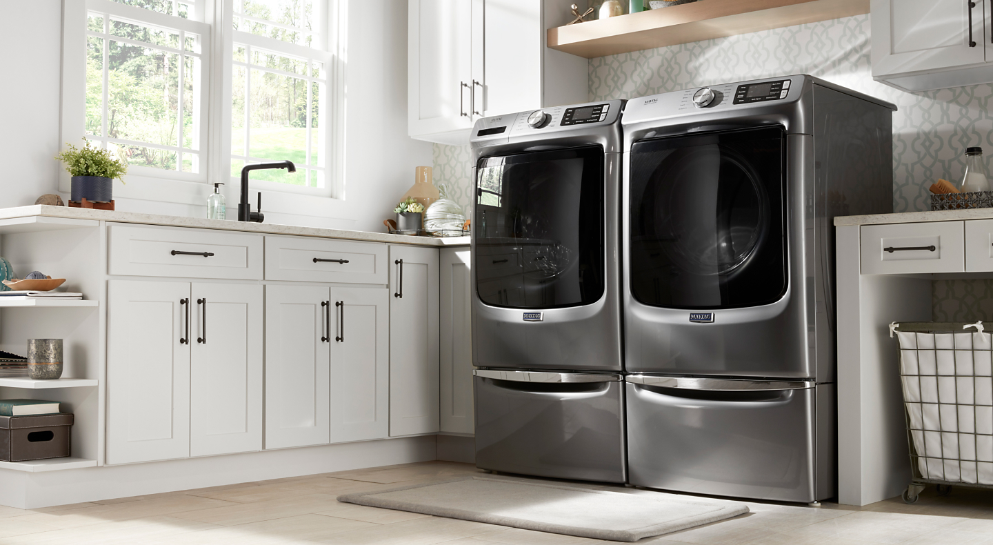 Slate gray Maytag® front loading washer and dryer