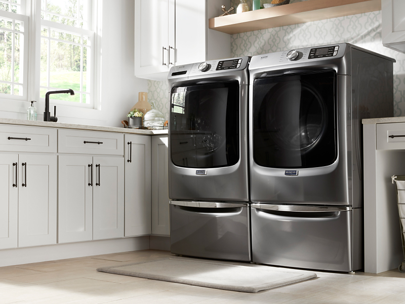 Slate gray Maytag® front loading washer and dryer
