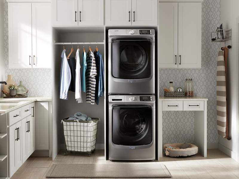 Slate gray Maytag® stacked washer and dryer