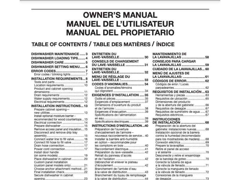 Dishwasher appliance manual table of contents.