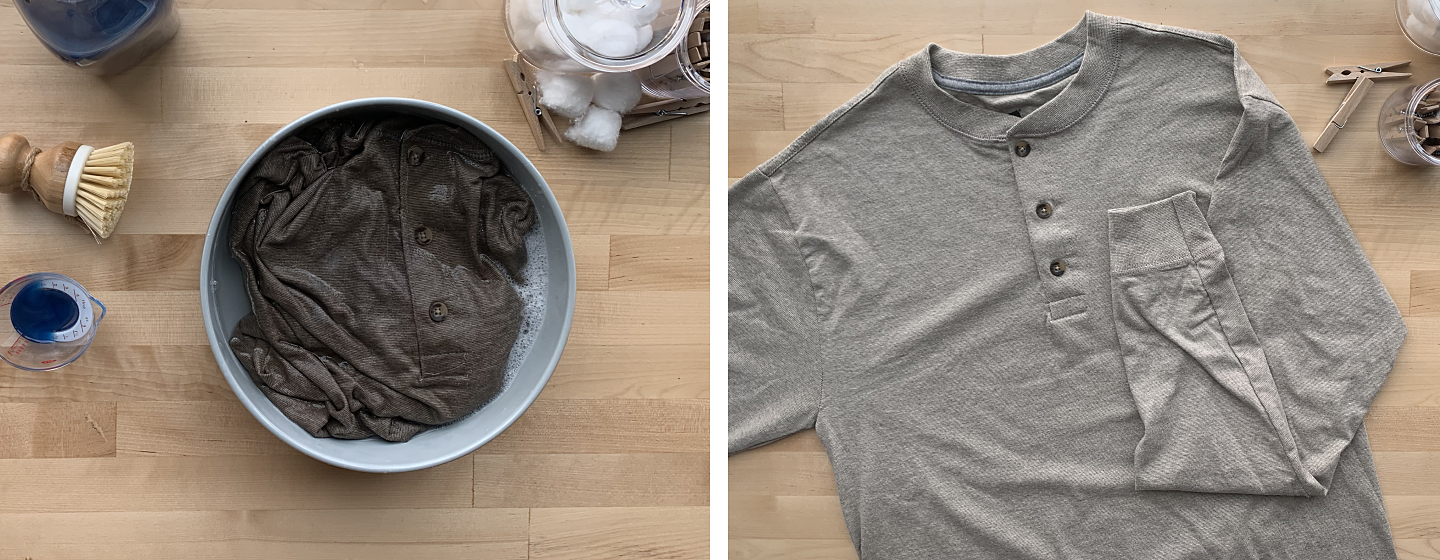 Gray shirt soaking in bucket of soapy water and shirt dry after being cleaned.