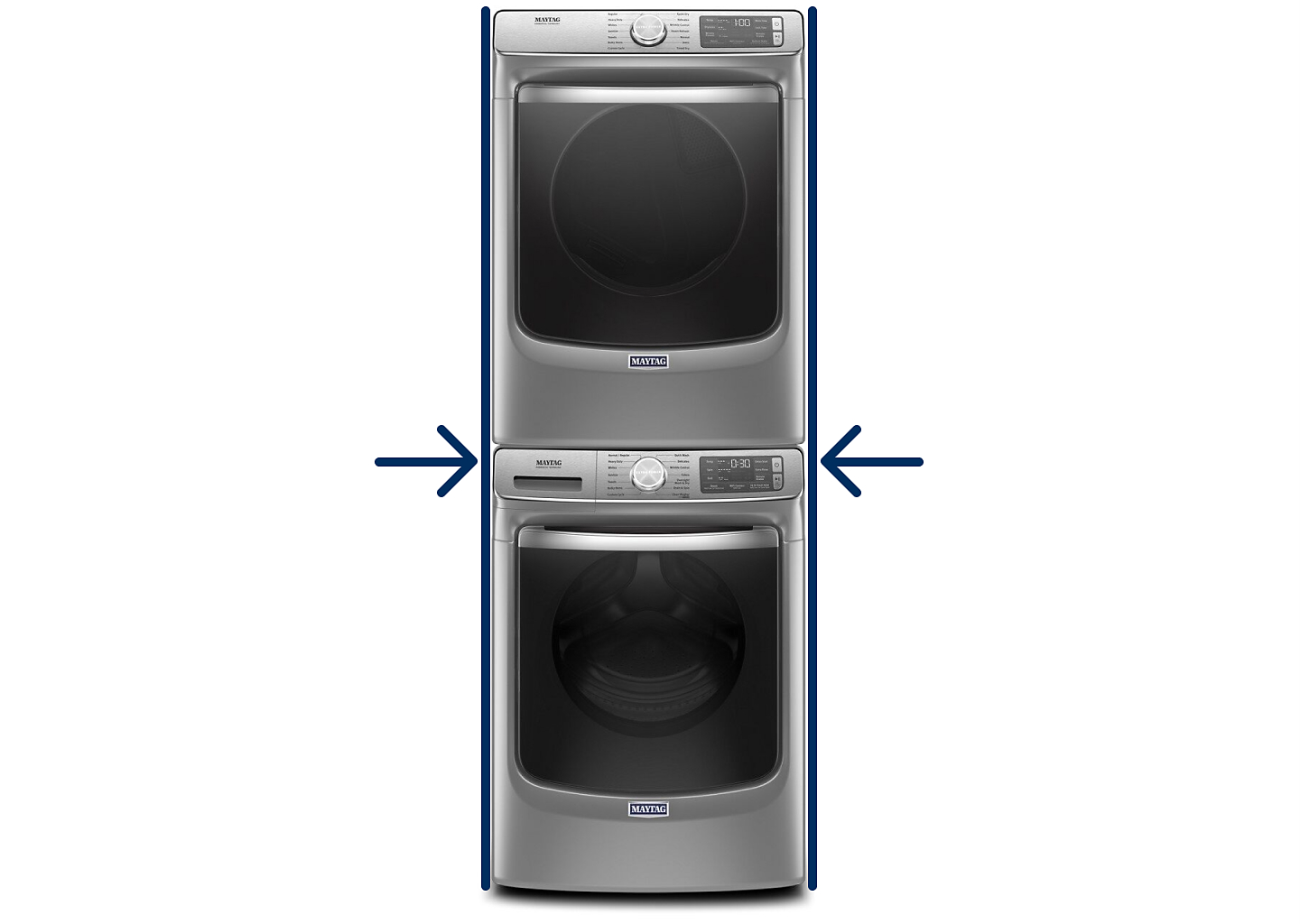 Stacked Maytag® washer and dryer with horizontal arrow icons