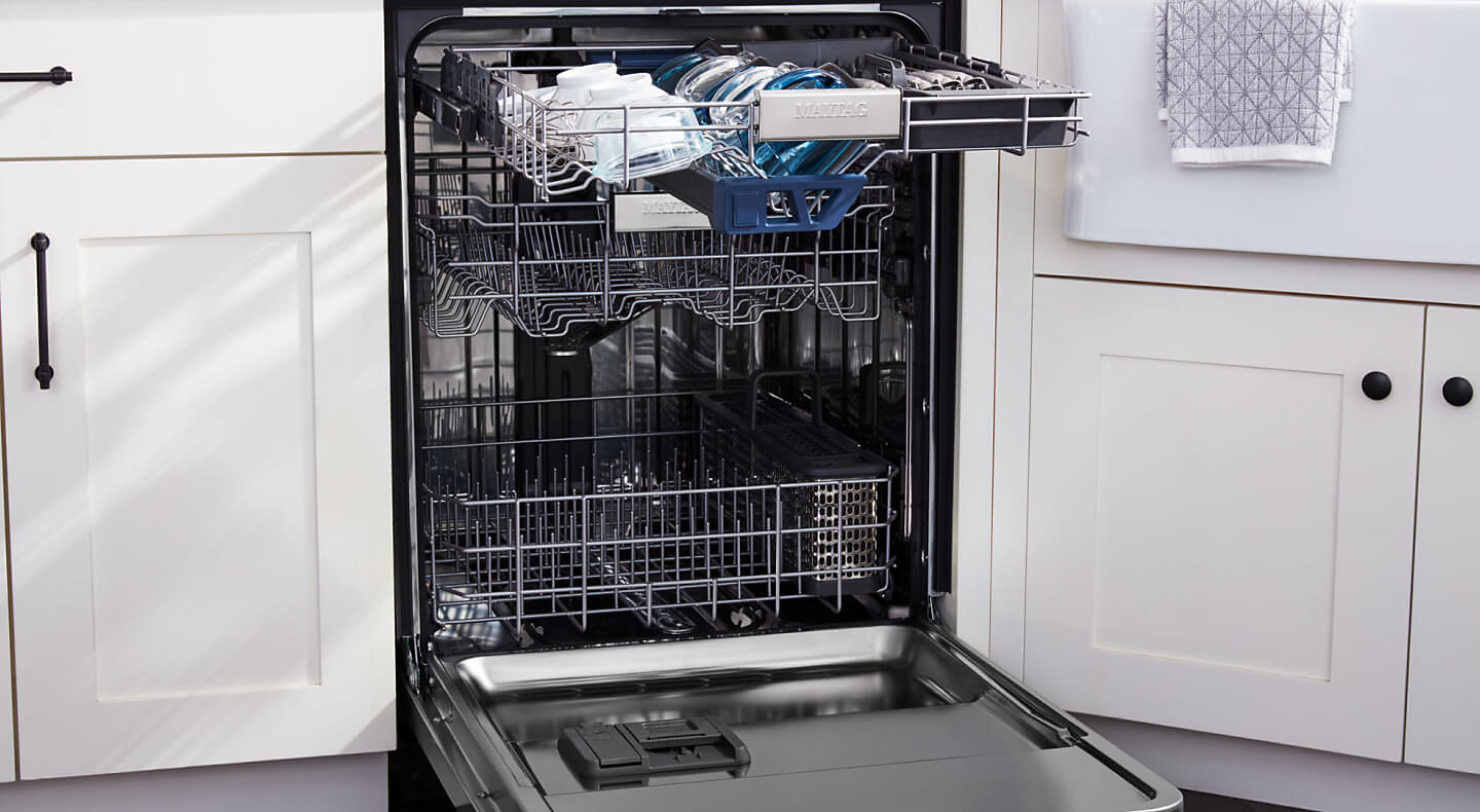 The interior of a dishwasher