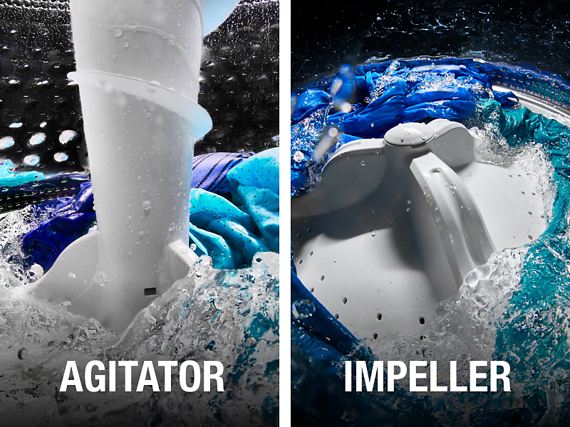Side-by-side comparison of agitator and impeller in washing machine with clothes