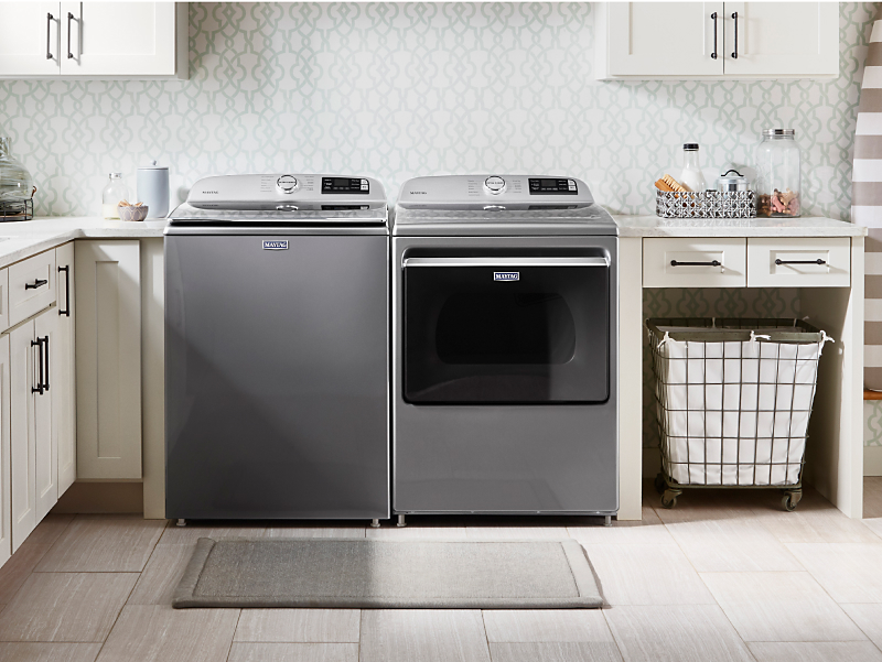 Maytag® metallic slate washer and dryer in a modern laundry room