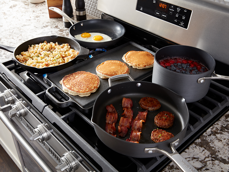 Breakfast cooking on a Maytag® double oven range