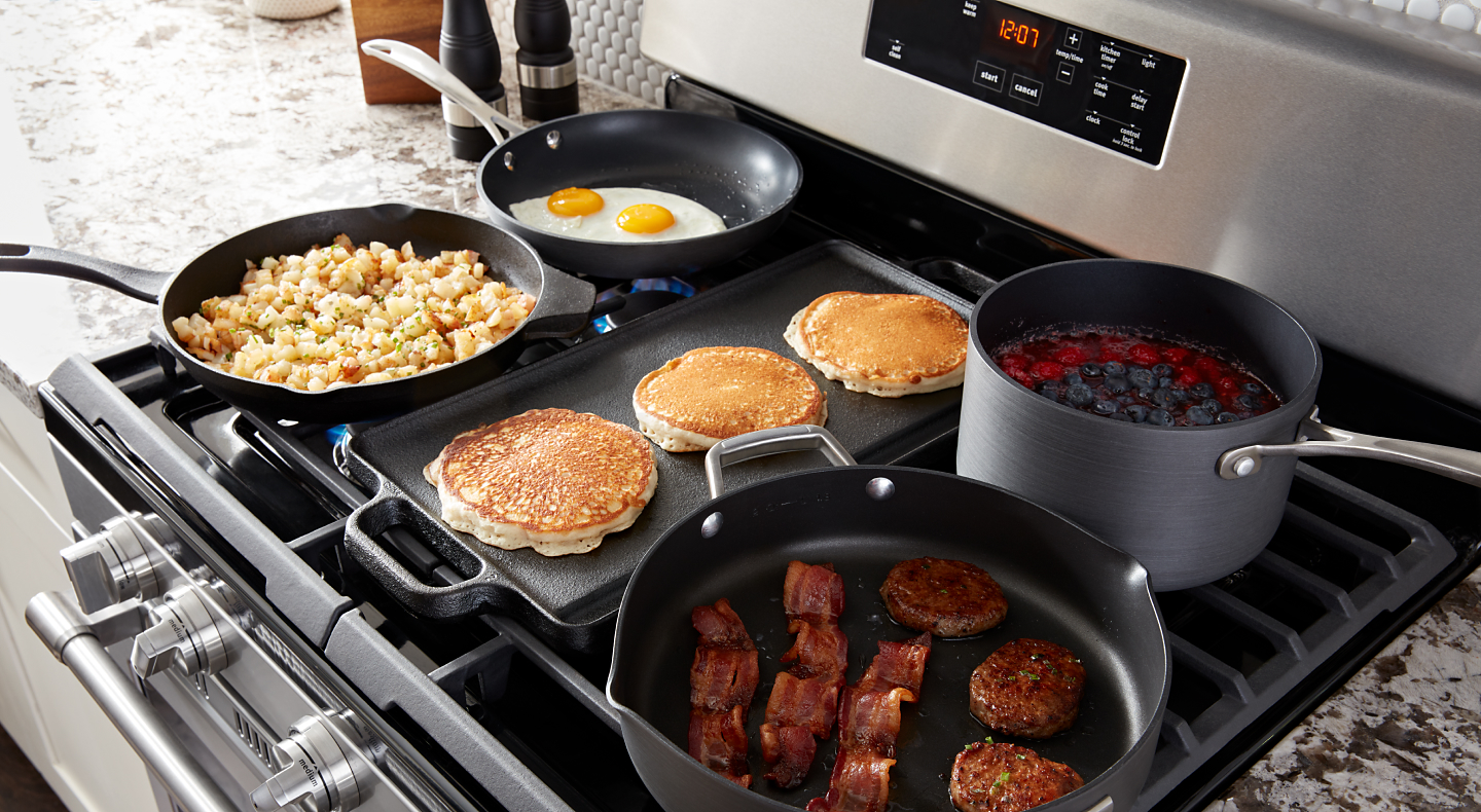 Breakfast cooking on a Maytag® double oven range