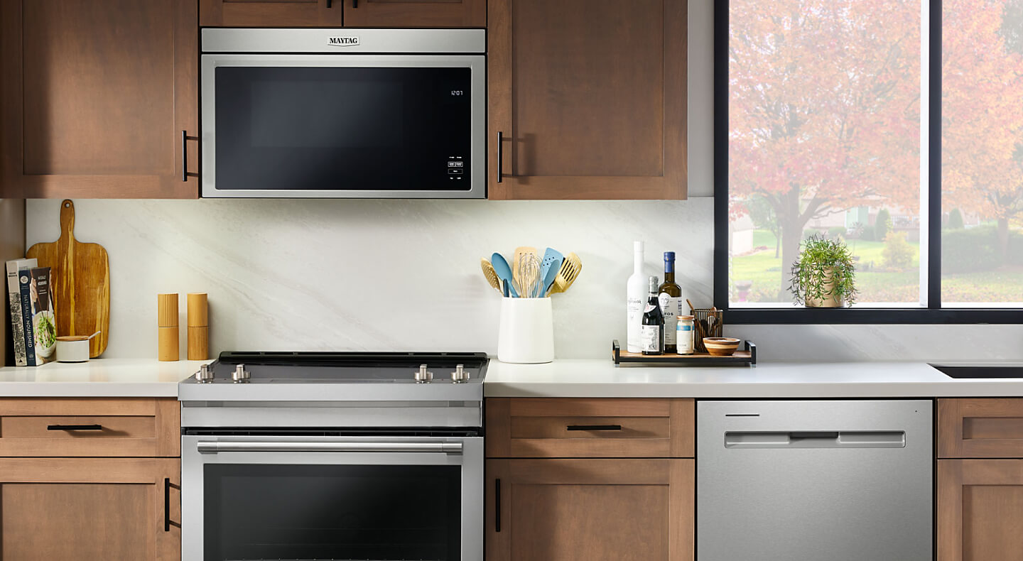 Maytag® built-in microwave over a gas slide-in range