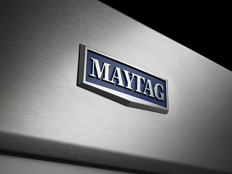 Maytag® logo on stainless steel appliance